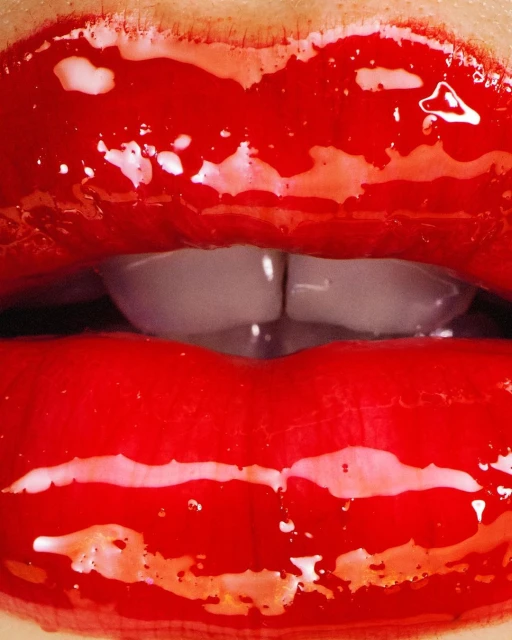 Close-up of red lips with glossy lipstick, highlighting the mouth and teeth. Beauty shot, showcasing makeup and dental aesthetics.