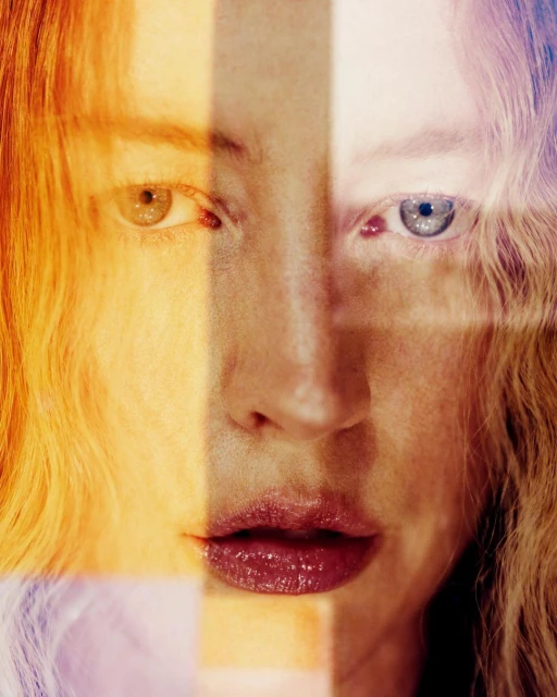 Artistic portrait of a woman with striking heterochromia, featuring one blue eye and one green eye, enhanced by colorful lighting effects.
