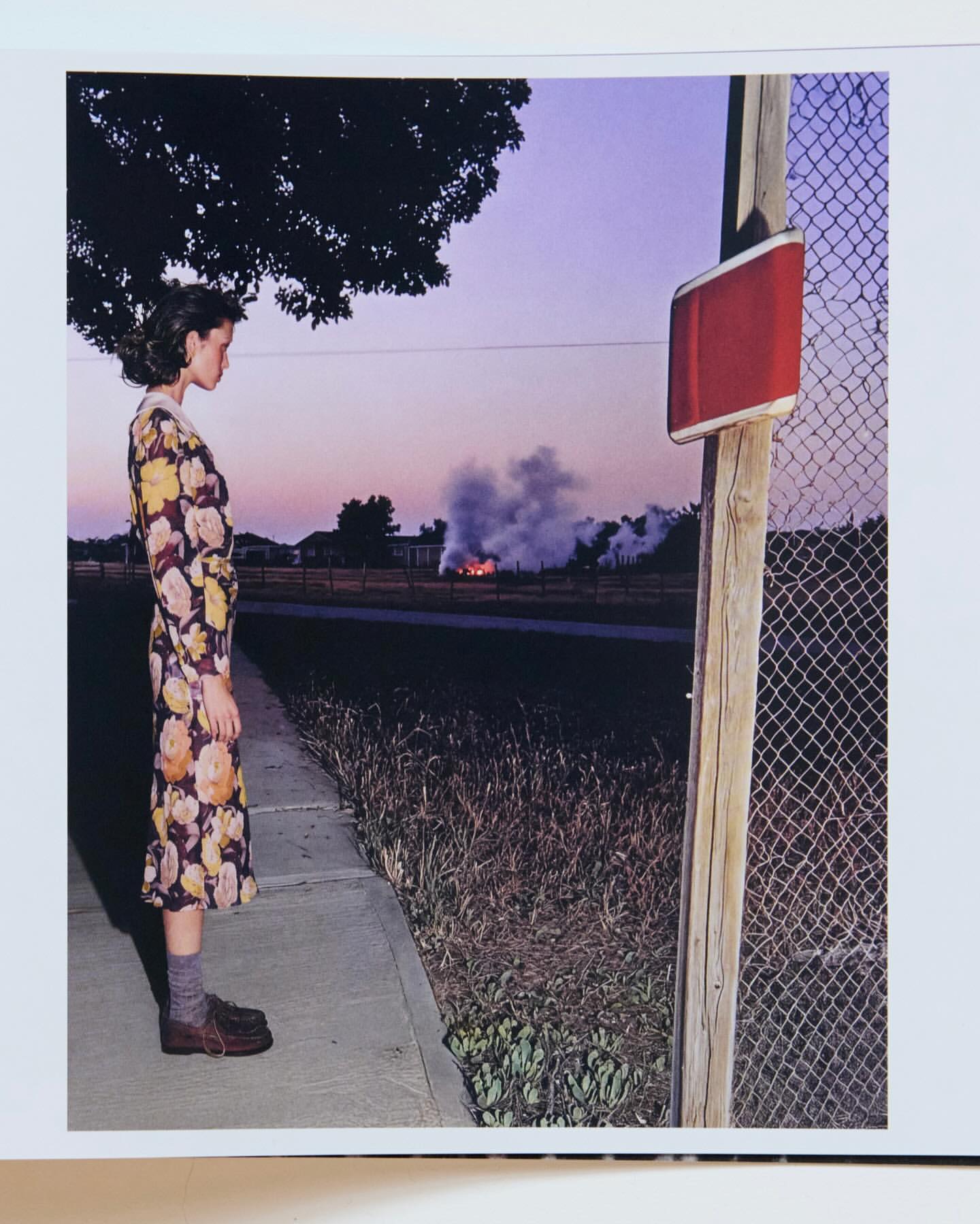 Woman in floral dress stands near a fence at dusk, watching smoke rise in the distance; roadside scene with grass and trees.