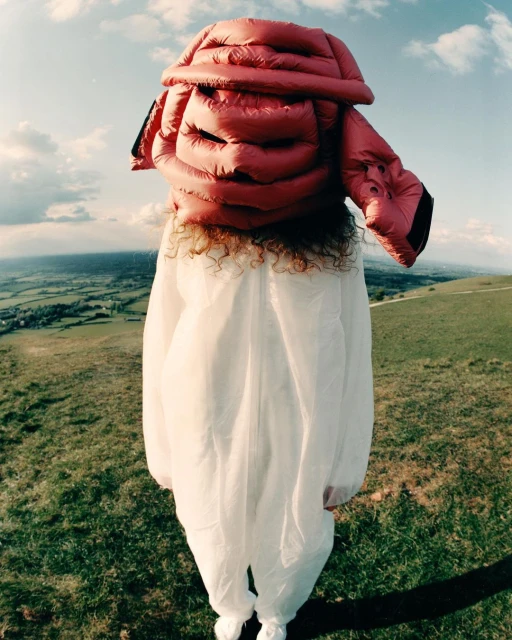 Person wearing a pink puffer jacket over their head, standing in a white jumpsuit in a grassy, hilly landscape under a cloudy sky.