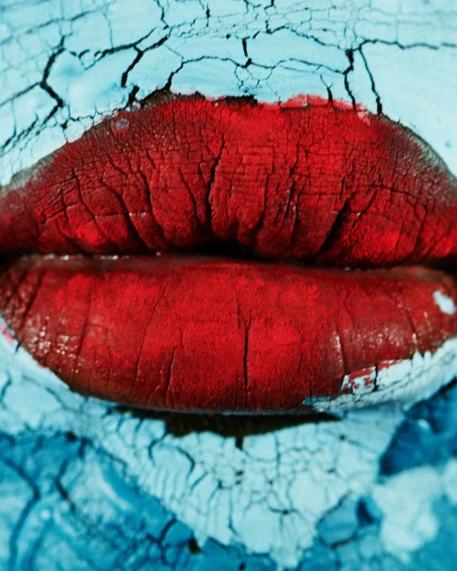 Close-up studio shot of human lips covered in bright red lipstick and cracked, blueish-white face makeup, creating a dramatic beauty image.