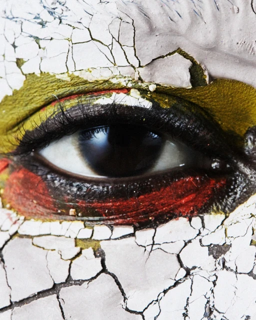 Close-up of a person's eye with creative, cracked makeup in white, gold, and red tones. Striking beauty shot with textured skin detail.