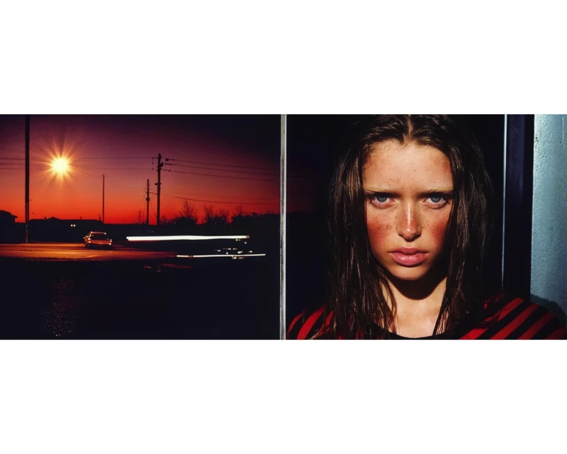 Split-screen portrait of a young woman with auburn hair and an outdoor dusk scene with a car and street light at the horizon.
