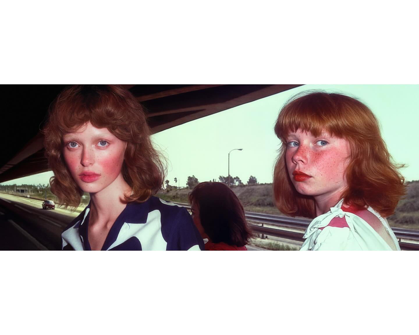Two young women with auburn hair stand under a highway overpass, gazing at the camera with serious expressions. A highway is visible in the background.
