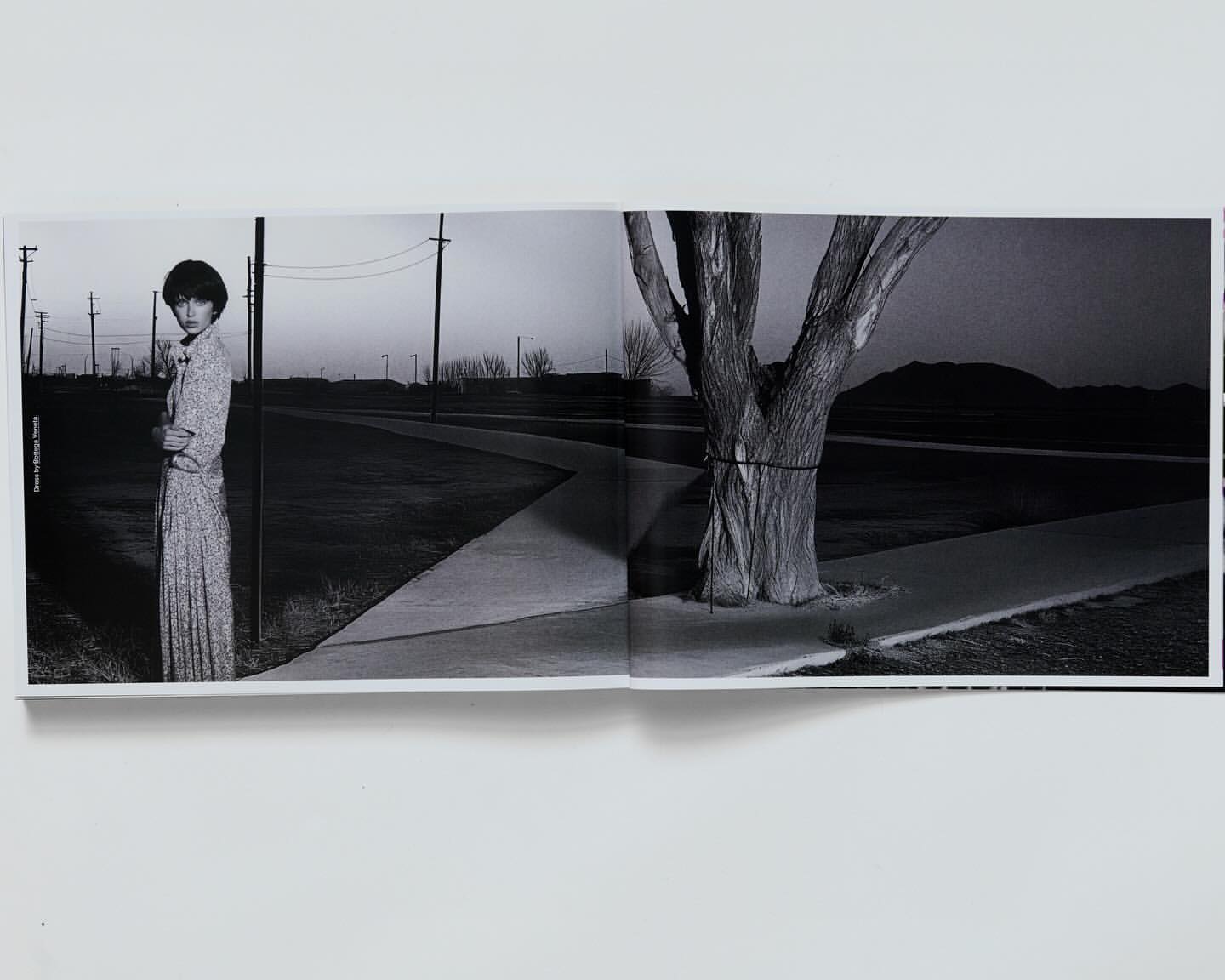 Black-and-white image of a vintage fashion editorial with a woman in a dress standing in a rural outdoor environment.