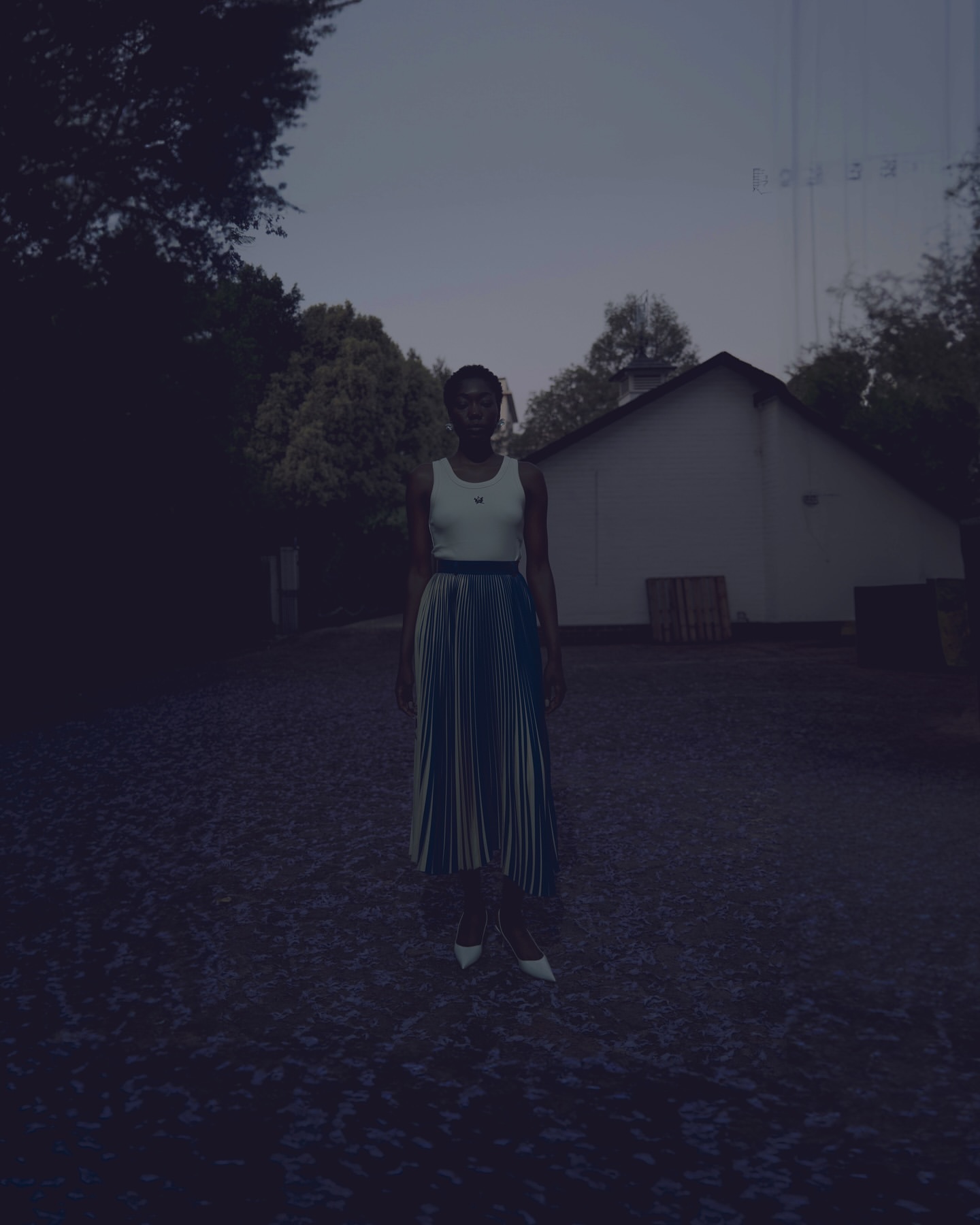 A slender Black woman stands outdoors in a white top and pleated teal skirt, with white shoes, posing in twilight near a house.