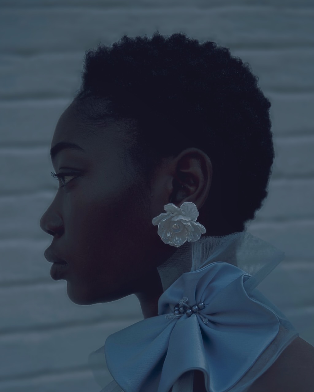 Profile portrait of Black woman with afro wearing pale blue satin bow and flower earring against a gray brick background.