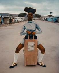 Black woman in a light blue turtleneck dress and tall tan leather handbag standing on a dusty street in Cape Town