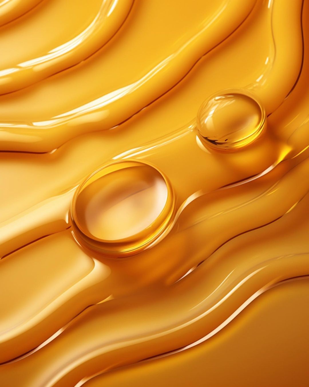 Close-up of golden-colored liquid with wavy texture and droplets, illuminated by a soft light. Abstract beauty and skincare.