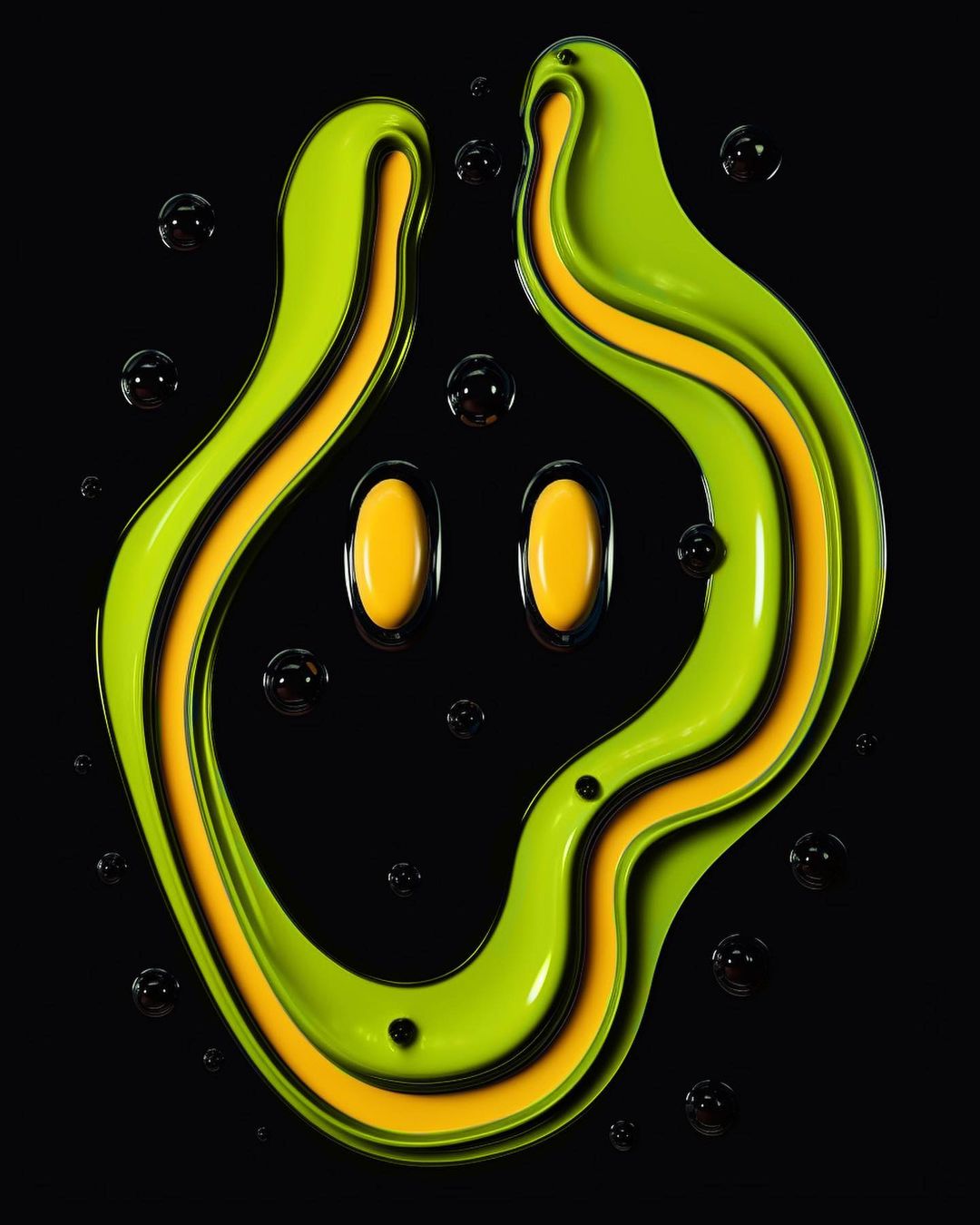 Abstract smiling face created with green and yellow glossy fluid and black dots on a black background, digital art.