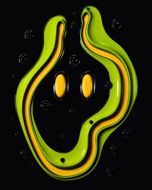 Abstract smiling face created with green and yellow glossy fluid and black dots on a black background, digital art.