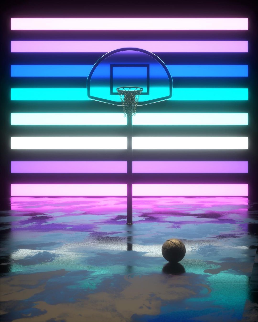 Basketball hoop and ball in a neon-lit court featuring a reflective floor, creating a vibrant and eye-catching visual composition.