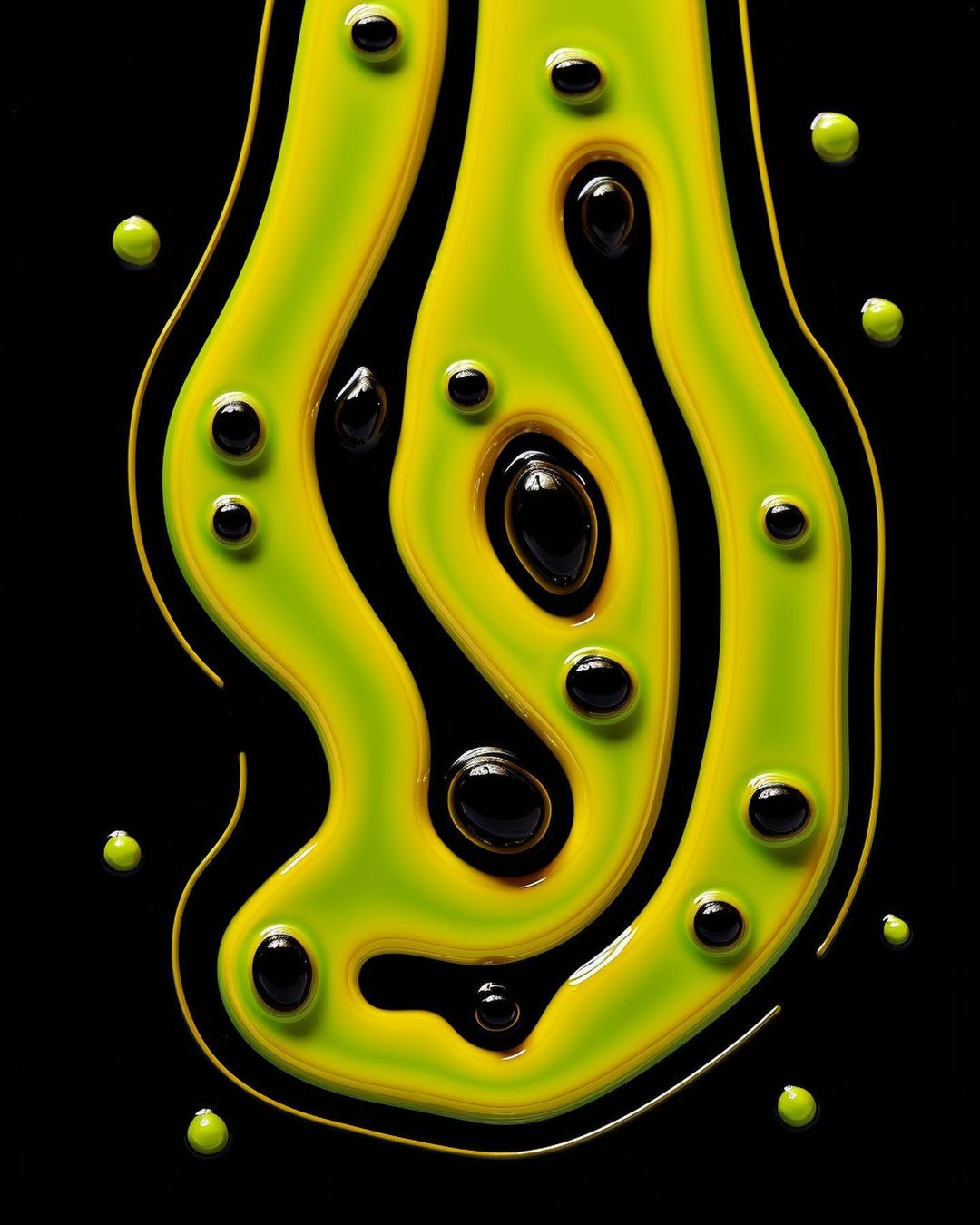 Abstract dripping paint art with green and yellow hues, featuring small black spheres on a glossy black backdrop.