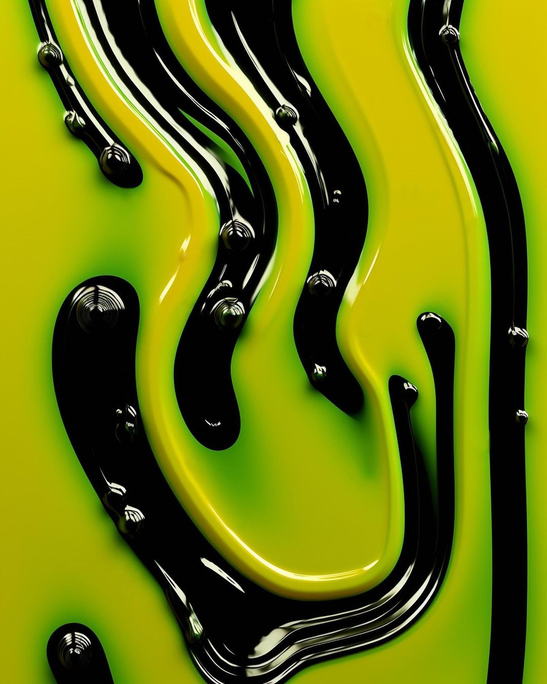 Abstract still life photograph featuring curved patterns of green and yellow paint contrasted with black lines and small silver beads.