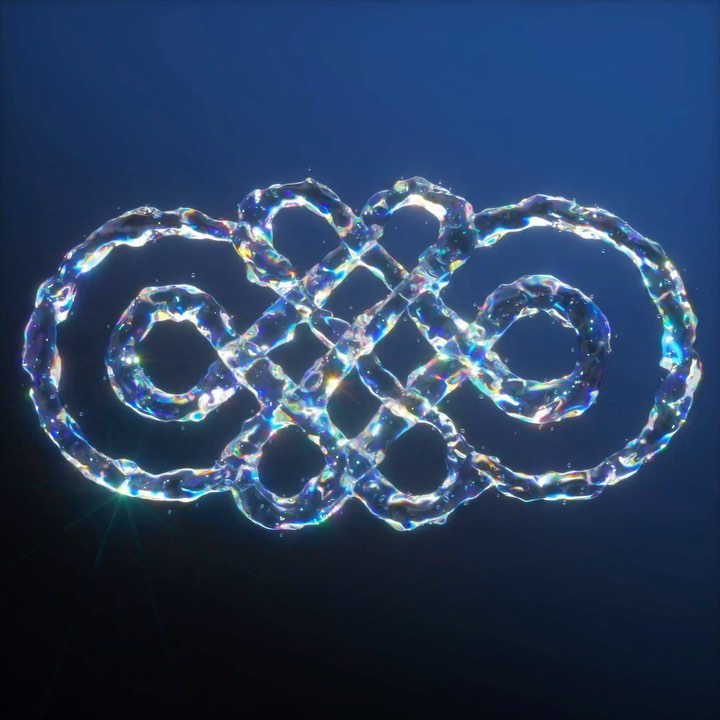 Abstract water knot shape against a dark blue background. The digital art glistens with a liquid texture and iridescent highlights.