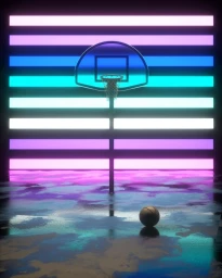 A basketball hoop stands centered against a striped neon wall with a basketball resting on a reflective wet floor in front.