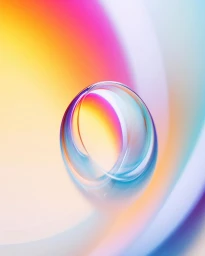 Close-up CGI rendering of a translucent glass ring reflecting vibrant rainbow gradients against a smooth curved backdrop