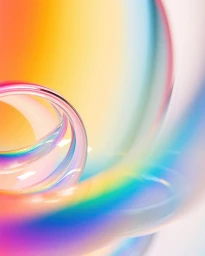 Abstract 3D render of iridescent glass spiral curves with rainbow colour refraction on a smooth gradient background.