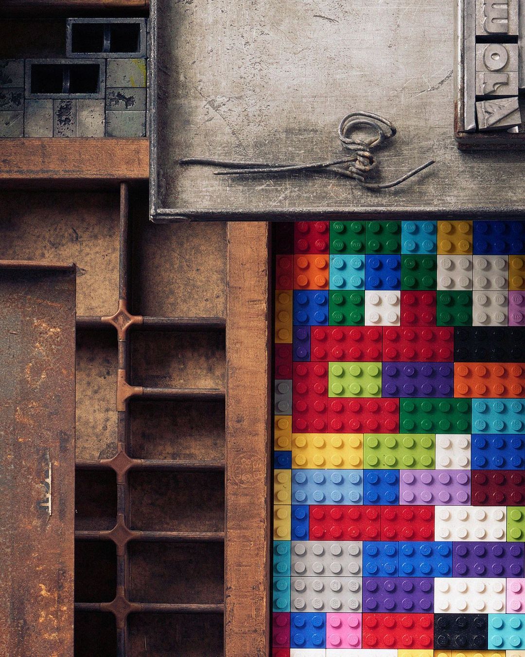 Eye-level shot of colorful Lego bricks with worn metal containers in a still life composition, creating an aged and playful juxtaposition.