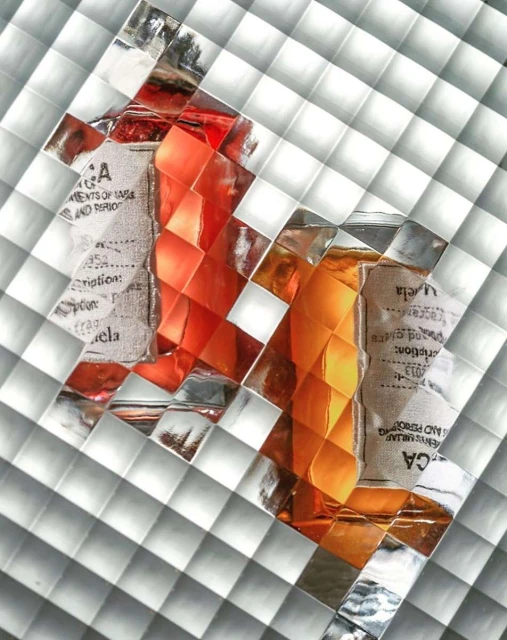 Abstract image of woven silver square tiles with a hint of orange and tan, and printed text peeking through.