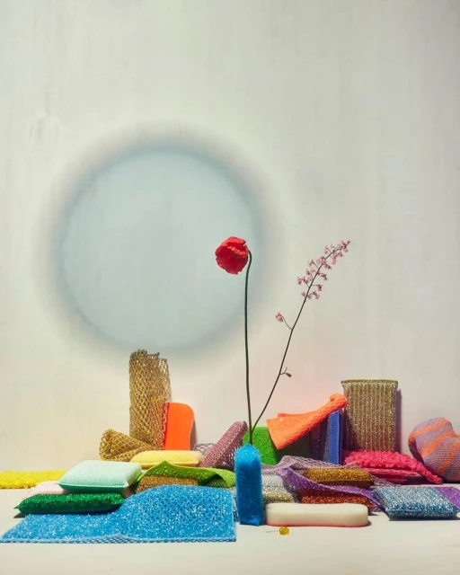Still life shot featuring a red poppy, pink flowering branch, and colorful sponges arranged on a table against a light beige background.