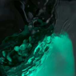 Close-up abstract view of glowing green liquid turbulence with dark shadows and swirling textures.