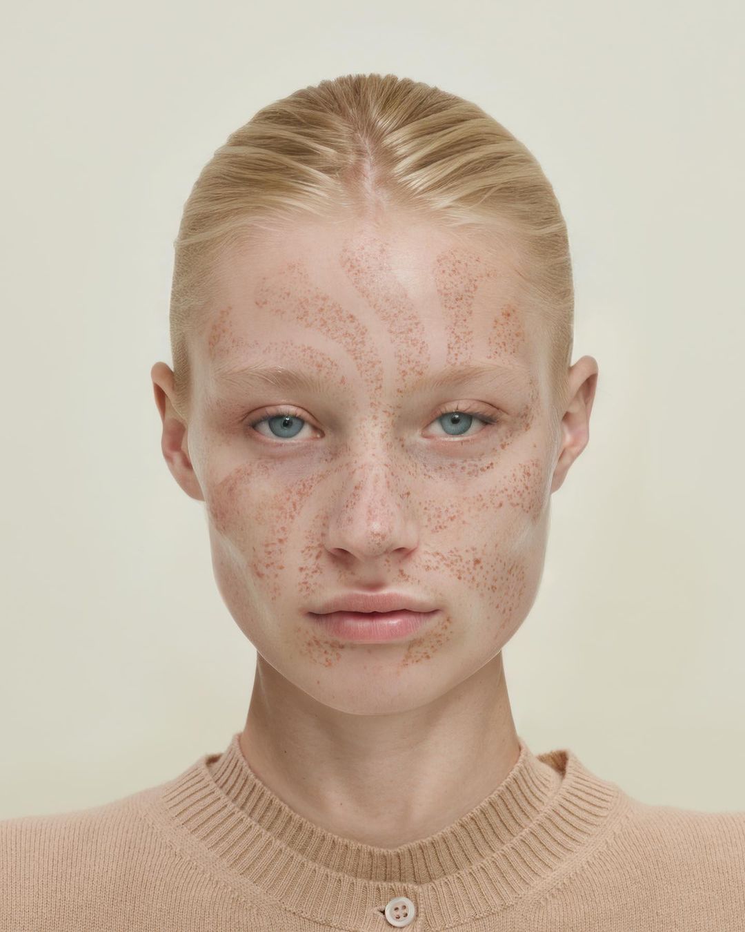 Close-up portrait of a fair-skinned young woman with freckles and light blonde hair wearing a peach-colored sweater against a light backdrop.