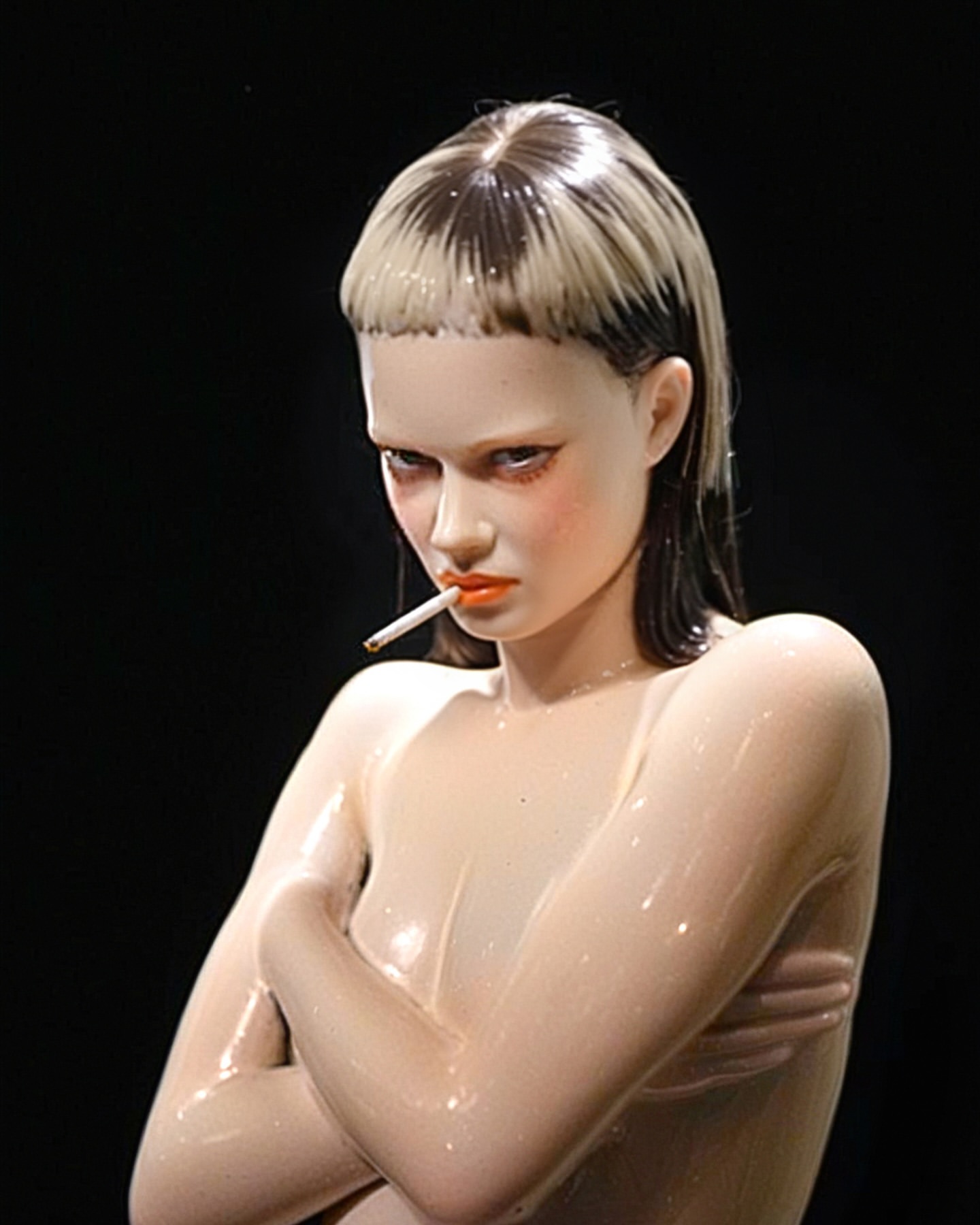 Portrait of a pale-skinned young adult smoking, with dark and blonde two-tone hair, shiny skin, and arms crossed against a dark background.