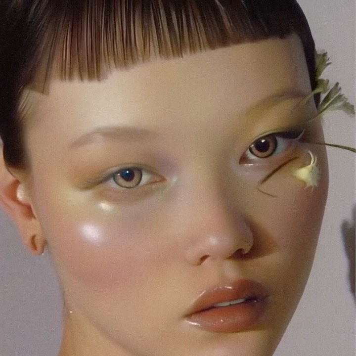 Close-up portrait of a model with striking makeup and a flower accent, showcasing modern beauty and creative makeup artistry.
