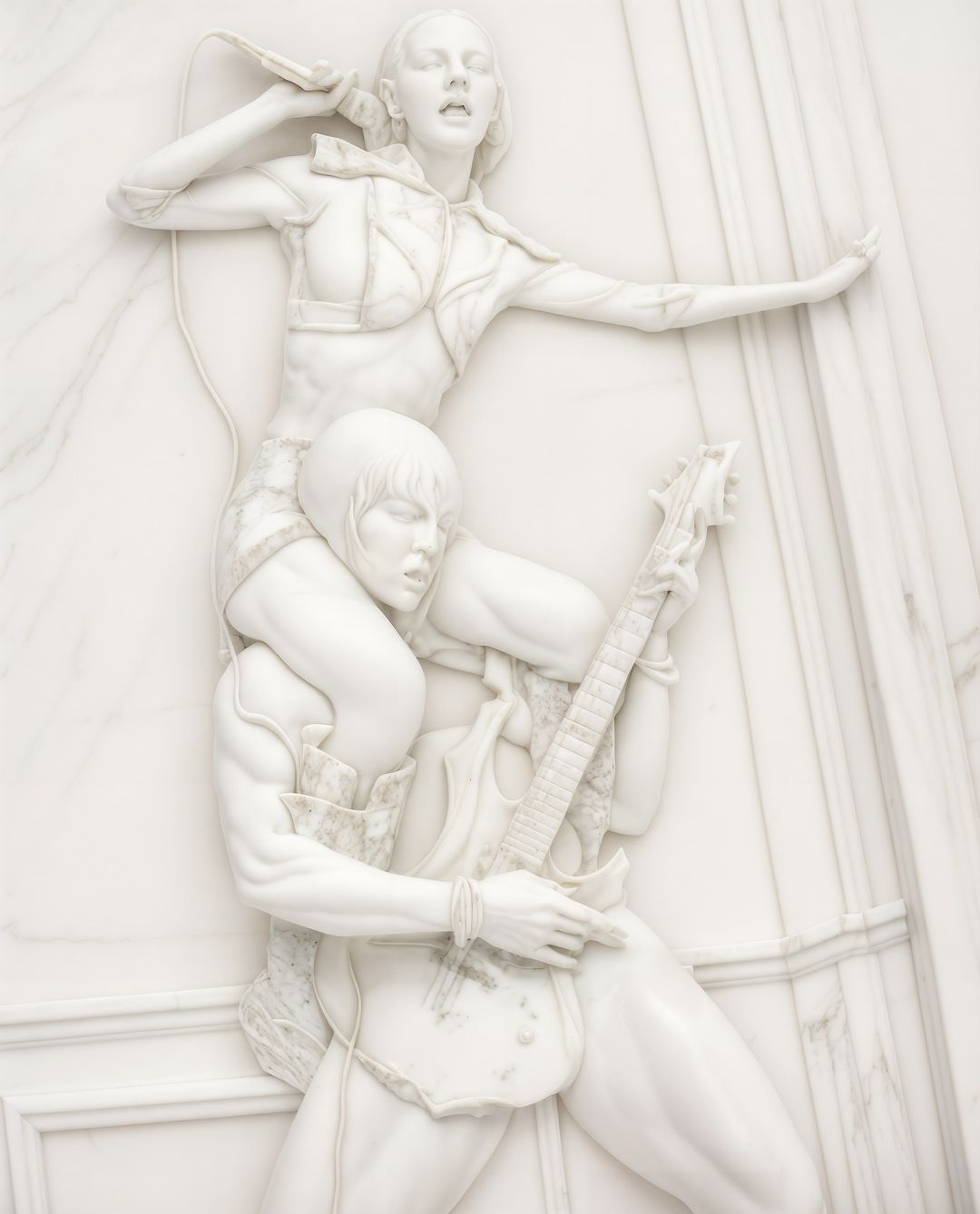 Marble sculpture depicting a male musician carrying a female singer on his shoulders, both in rock-and-roll attire, indoor setting.