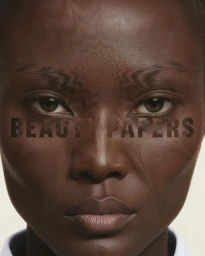 Close up portrait of a Black woman with textured skin and optical pattern eyebrows created by CGI artist Eamonn Freel