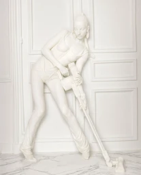 White monochrome CGI sculpture of a woman holding a vacuum cleaner against a panelled wall