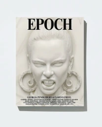 CGI marble relief portrait of a person baring teeth with hoop earrings on a magazine cover for Epoch by Eamonn Freel.