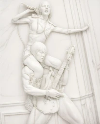White marble bas relief sculpture of a female singer holding a mic and a guitarist seated on another's shoulders