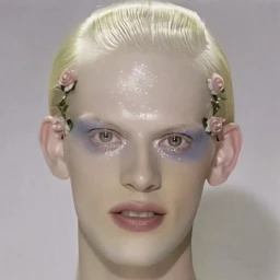 Close-up portrait of a person with slicked blonde hair, blue eye makeup, and tiny pink floral accessories by Eamonn Freel