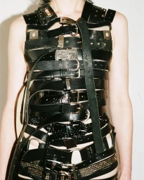 Model wearing a structured garment made entirely of stacked black leather belts with metal buckles and hardware against a white wall.