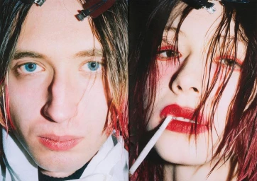 Close-up split portrait of two models with wet hair, red eye makeup, and clips in hair by Ecoute Cherie in London.