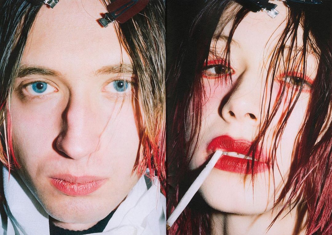 Split close-up of a male and female face; the male has blonde hair and blue eyes, and the female has red lips and a cigarette.