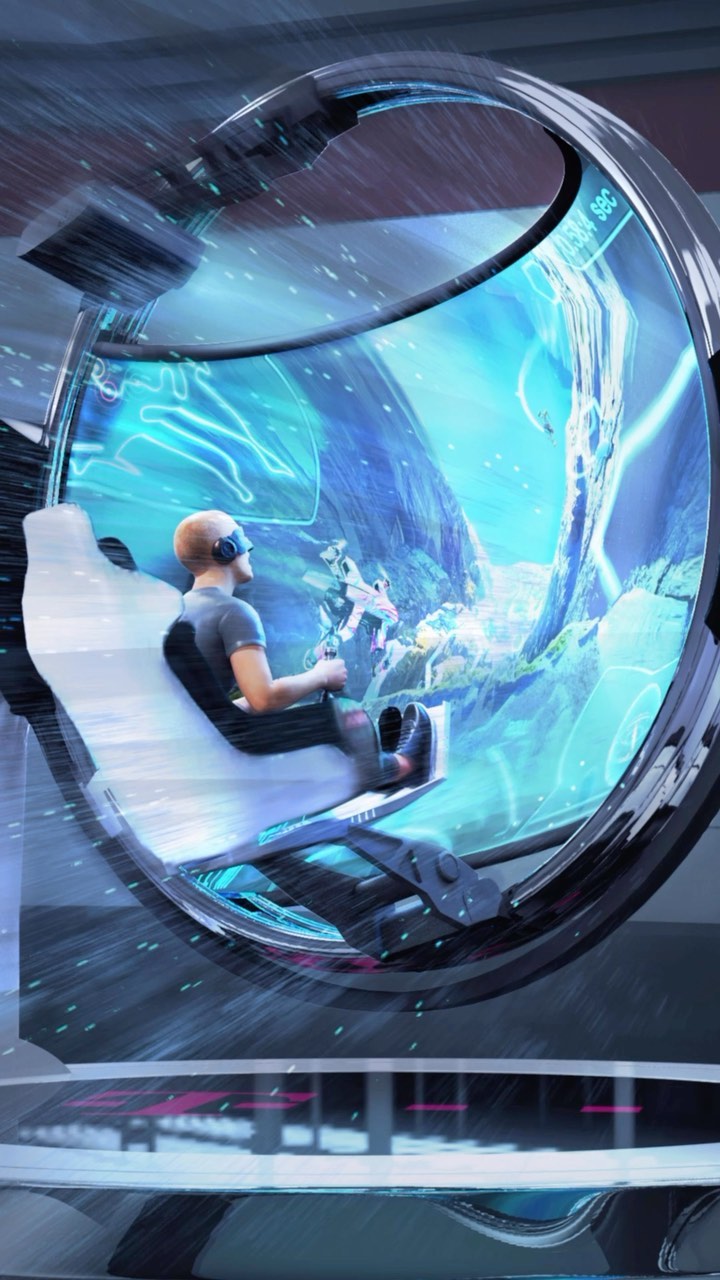 Illustration depicting a person in a virtual reality simulator, seated inside a circular device with digital graphics and a futuristic aesthetic.