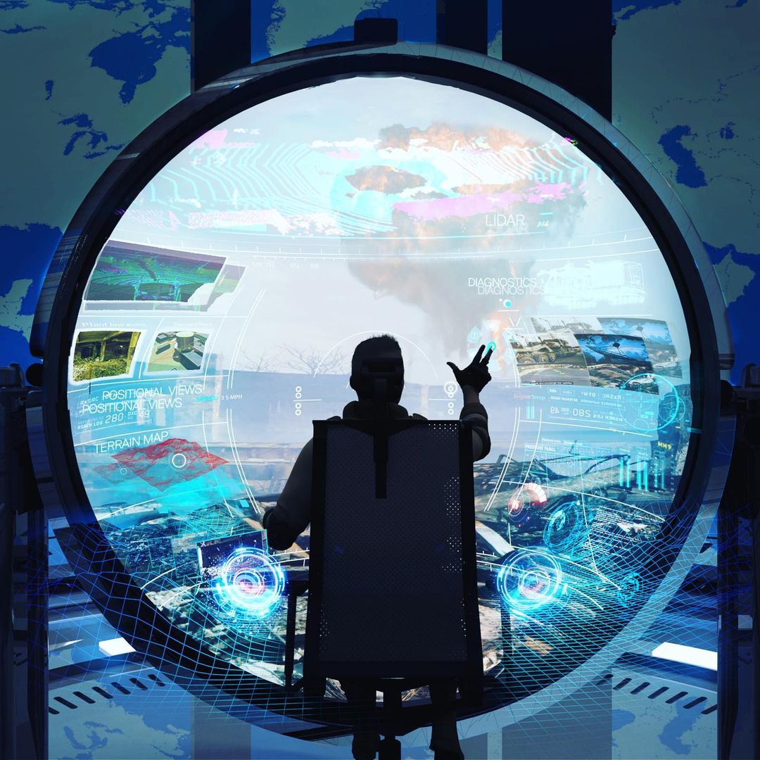 Person silhouetted in futuristic command center before large screen displaying terrain maps, data visualizations, and diagnostic readouts.