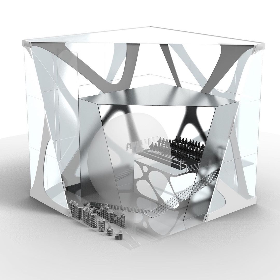 Architectural render of a modern, transparent building model with detailed interior elements and abstract structural design, showcasing innovation.