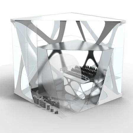 Architectural render of a modern, transparent building model with detailed interior elements and abstract structural design, showcasing innovation.