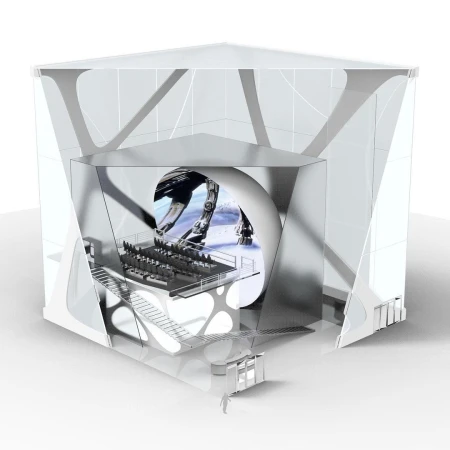 Architectural rendering of a futuristic theater inside a cube-shaped structure with stairs, seating, a large screen, and a miniature human figure.