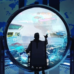 A silhouetted person sits in a chair facing a large circular holographic display showing data graphics and a map interface.