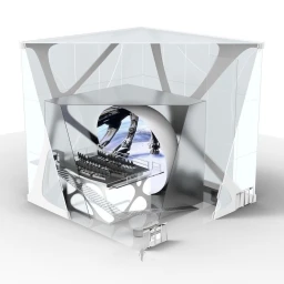 CGI architectural rendering of a futuristic multi-level pavilion with a central spherical display and seating area by Eevolver