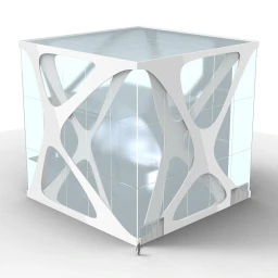 A large futuristic glass cube building with white intersecting exterior framing, set on a seamless white floor.