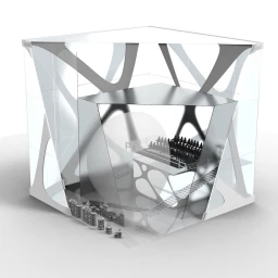3D architectural rendering of a multi-tiered geometric structure with metallic and transparent panels by Eevolver