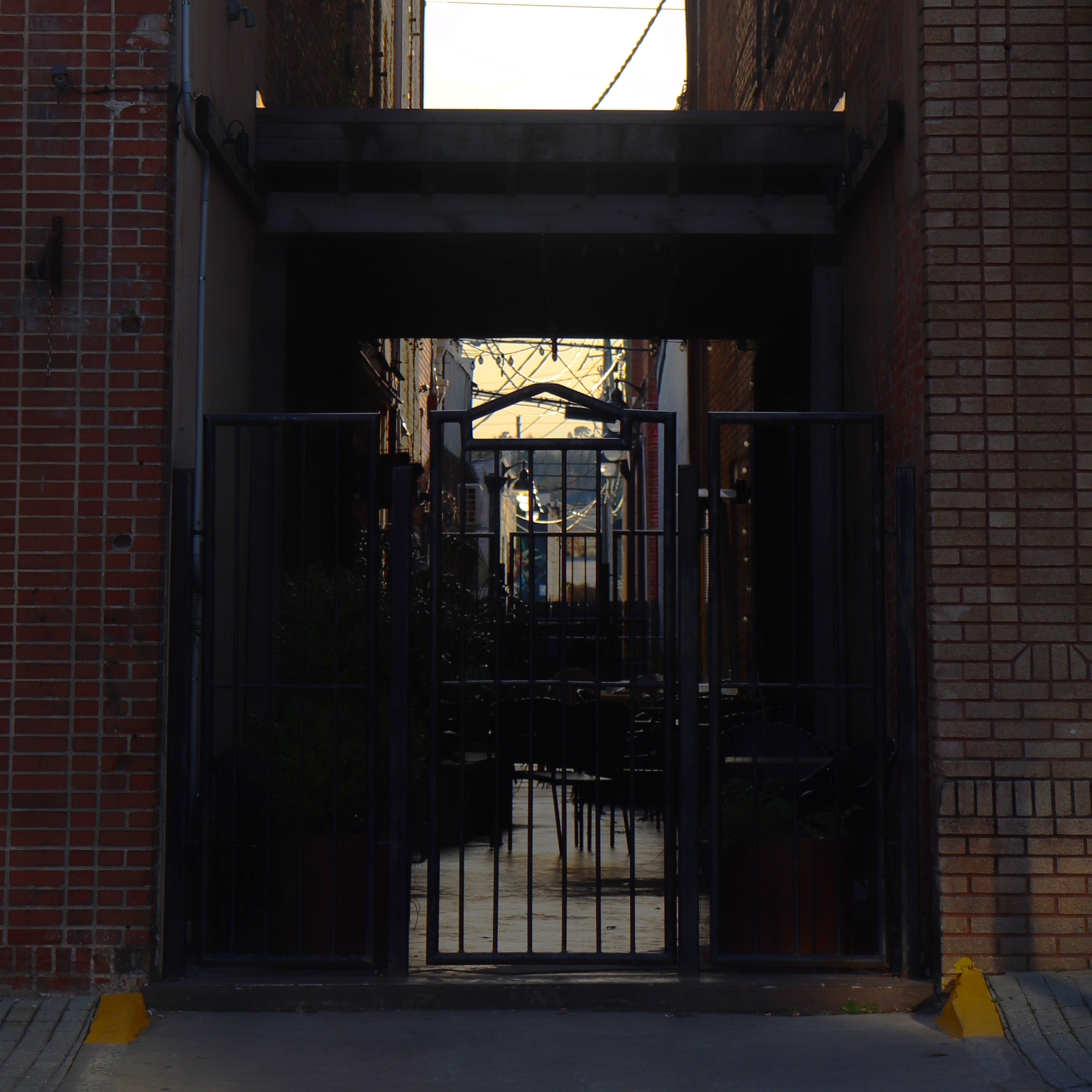 Exterior shot of a dark alleyway with a metal gate, brick walls, and limited visibility, creating a somewhat mysterious urban environment.