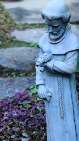 Statue of Saint Francis with a bird perched on his hand, displayed outside in a garden-like setting with stone steps.