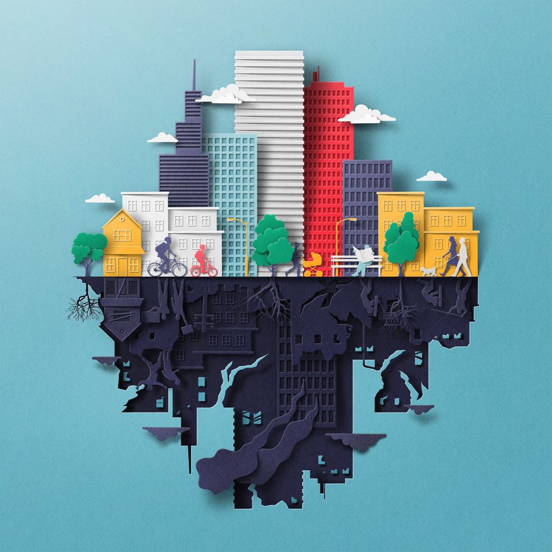 Paper art illustration of a vibrant city on a floating landmass, with buildings, trees, and people, set against a light blue background.